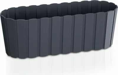 A dark gray rectangular planter box with a ribbed texture, shown from a slightly elevated side angle against a white background.
