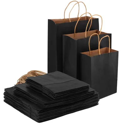 Produktbild von Elzusha - Geschenktüten, 75 Stück - Schwarze Papier-Geschenktüten - Mit Tragegriffen - Groß/Mittel/Klein - Verstärkt - Perfekt für Geschenke - Tragetaschen