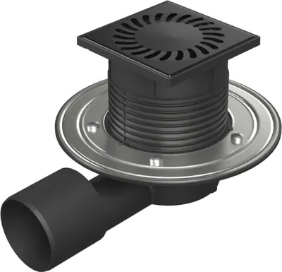Image de Siphon de sol Chud?j, latéral, noir, D50/75 NEPTUN, bride en acier inoxydable, grille SUN noire 388 L x P