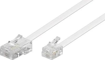 A close-up shot of a white flat telephone cable with two clear RJ11 connectors.