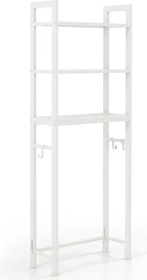 Produktbild von COSTWAY WC polica 170 cm, WC polica s 3 policami, polica na práčku kovová, vrátane 3 háčikov, s výškovo nastaviteľnou priečkou (biela)