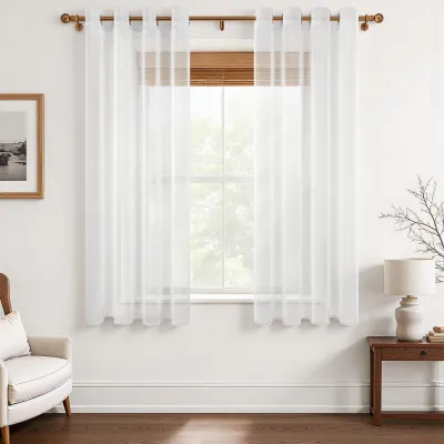 Image de Rideaux courts semi-transparents en voile avec œillets, aspect lin, blancs, 145 × 140 cm (H × L), lot de 2.