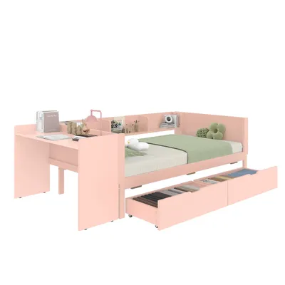Produktbild von Flachbett,Holzbett,90x200cm,Rosa,mit Schreibtisch, ausgestattet mit 2 Schubladen, Einzelbett(Ohne Matratze)mit Regalen,Kiefer+Spanplatte
