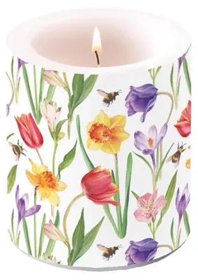 Image de Bougie Ø 10 cm Hauteur 10 cm Fleurs Abeilles Tulipes