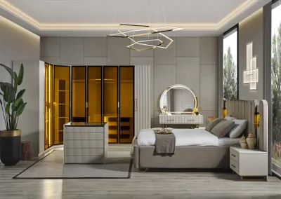 Produktbild von Schlafzimmer Beige Bett 2x Nachttische Kommode Schrank Schminktis Spiegel