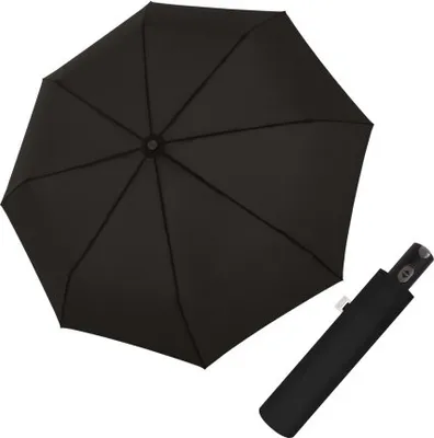 A black Doppler Carbonsteel Magic Taschenschirm umbrella is shown open, with its folded case to the side.