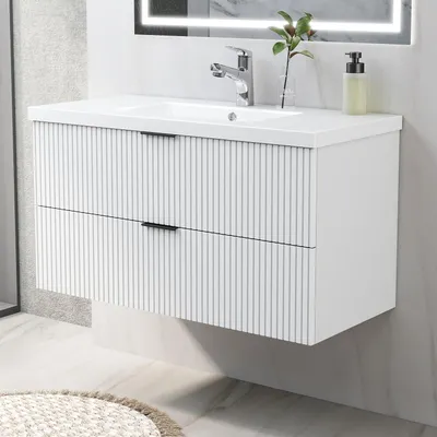 Produktbild von Waschtisch mit Unterschrank 100cm RIVA Badmöbel Set Weiß Waschbecken mit Unterschrank MDF Softclose