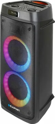 A black Blaupunkt portable speaker with colorful LED lights.