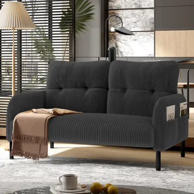 Zdjęcie produktu dla Dwuosobowy fotel sztruksowy Sweiko z komfortową tapicerką Wysokie oparcie i kieszenie boczne Metalowe nóżki Zintegrowane kieszenie boczne Przyjemna miękkość i optymalne podparcie idealne do domowego salonu biurowego
