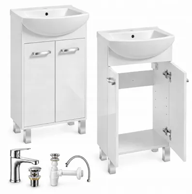 Produktbild von Badmöbel-Set 45 x 83 cm mit Keramikwaschbecken, Unterschrank und Armatur, Weiß Hochglanz