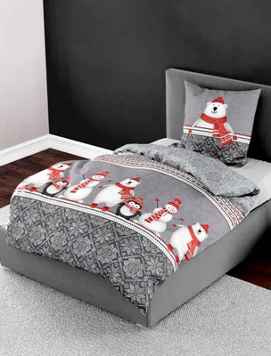 Produktbild von Bierbaum Biber Bettwäsche 135x200 Schneemann Eisbär Pinguin grau rot 3667-10