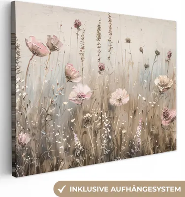 Produktbild von MuchoWow® - Leinwandbilder - Blumen - Rosa - Modern - Beige, Wandbild, Wanddeko Bilder Wohnzimmer, 120x90cm