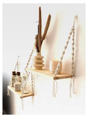 Produktbild von 2er Makramee-Wandregal im Boho-Stil – Hängeregal aus Holz mit Seil für Pflanzen und Dekoration, geeignet für Wohnzimmer, Schlafzimmer und Bad