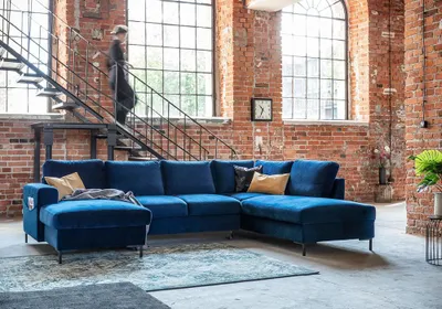 Produktbild von MIUFORM Lofty Lilly - Ecksofa mit Bettfunktion und Bettkasten U-FORM RECHTS - 303 x 197 cm - Velours Marineblau - Sofa Schlafsofa Couch