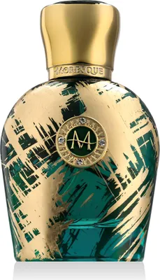 A perfume bottle with a gold cap and a gold and green patterned body.