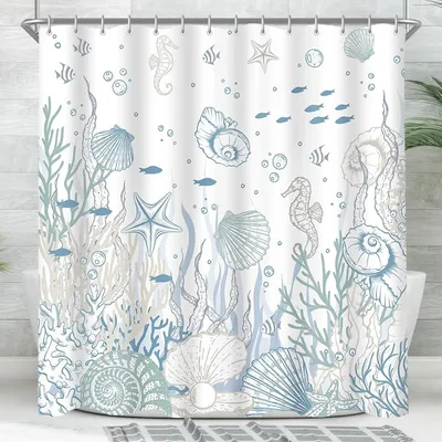 Image de Rideau de douche sous-marin hippocampe 100x200cm textile hydrofuge salle de bain
