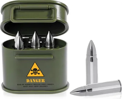 Produktbild von Kaliber 58mm Patrone Eiswürfel aus Metall mit Munitionskoffer im 6er Set