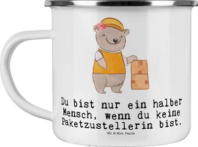 Produktbild von Mr. & Mrs. Panda Pott Paketzustellerin Herz - Weiß - Geschenk, becher emaille, Kaffeepott, Tasse, Lustig, Spruch, Paketbotin, Haferl, Witzig, Teetasse