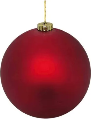 A single red Christmas ornament hangs from a gold string against a white background.