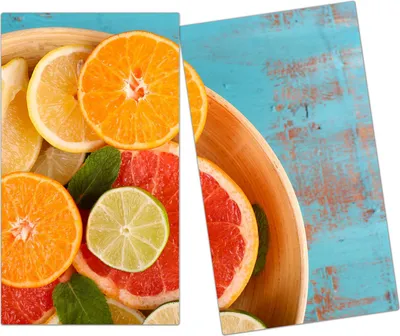 Produktbild von Spritzschutz Herdabdeckplatte Schneidebrett aus Glas Zitrusscheiben im Töpfche 2-Teilig (60x52cm)