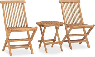 Imagen del producto de Juego de jardín de 3 piezas, plegable, de madera maciza de teca. Incluye una mesa y 2 sillas. Ideal para balcones, terrazas y jardines. Conjunto de mobiliario para exteriores