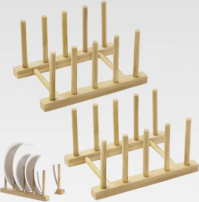 Produktbild von 2 Stück Tellerhalter 4 Fächer Tellerständer Holz Feuchtigkeitsbeständig Teller Organizer Schrank Tellerregal Ausgehöhltes Design Geschirr Organizer für Teller Schüsseln Tassen Untertassen