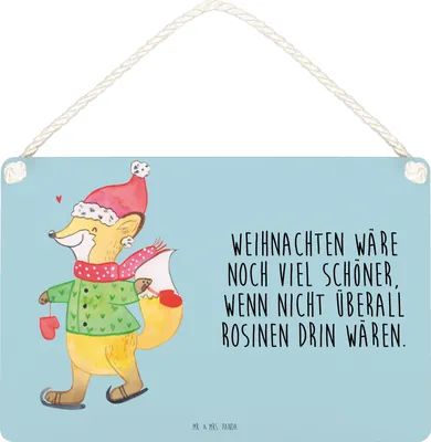 Produktbild von Mr. & Mrs. Panda Schild Fuchs  Schlittschuhe DIN A6 - Eisblau - Geschenk, Holzschild, Weihnachtsbaum, Türschild, Heiligabend, Winter, Weihnachten, Wandbild Holz, holzbild