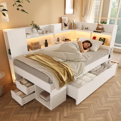 Obrázok produktu pre Postel pre deti, rozmer 90x190 cm, biela, s LED osvetlením, USB portom a portom typu C, s úložným priestorom, poličkami, zásuvkami a latovým roštom z drevovláknitej dosky