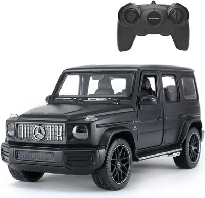 A black remote-controlled Mercedes-Benz G63 AMG toy car and its remote control are shown against a white background.