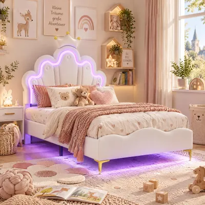 Obrázok produktu pre Detská postel 90x200 s LED osvetlením, čalúnená posteľ v štýle princeznej s korunkovým dizajnom, nastaviteľná výška opierky hlavy, bez matraca, materiál: PU, farba: biela