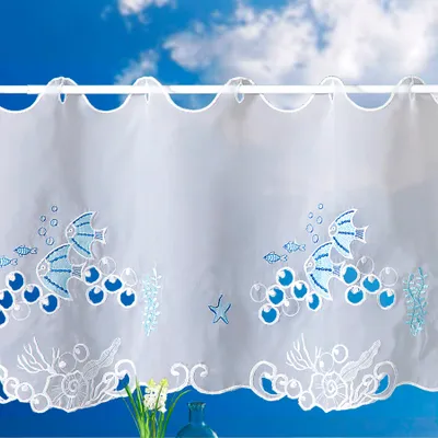 Produktbild von Heimtexland ® Scheibengardine maritim bestickt Badezimmer Deko Gardine weiß transparent 45x112 Panneau Typ904 Fische