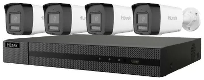Imagen del producto de HiLook, tecnología HIKVISION. Kit de iluminación híbrida inteligente. Cámara tipo bala de 6 megapíxeles. Disco duro de 2 TB. 1x NVR-108MH-C/8P. 4x IPC-B160HA-LUF