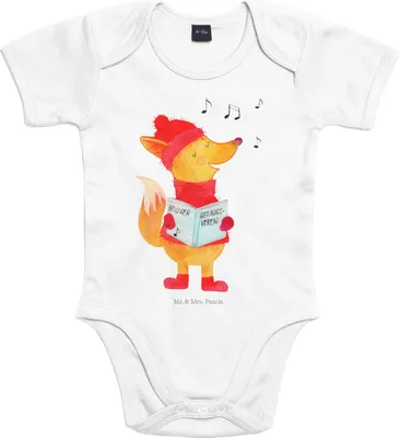 Produktbild von Mr. & Mrs. Panda Strampler Baby Fuchs Sänger 3. - 6. Monat - Heather Grey - Geschenk, overall, Babybody, Weihnachten, Weihnachtslieder, Winter, babykleidung body, Singen
