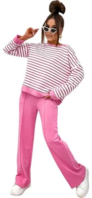 Produktbild von Damen Jogginganzug Freizeitanzug Baumwoll-Set – Sweatshirt & Hoch Taillierte Hose, Rosa/L/XL 40/42