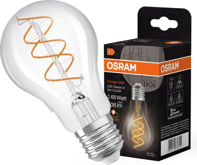 Immagine prodotto di OSRAM Vintage 1906 Classic è una lampadina LED dimmerabile di colore bianco caldo con filamento a spirale. Offre 8 W per 806 lm, attacco E27, vetro trasparente, diametro 60 mm, 2200 K.