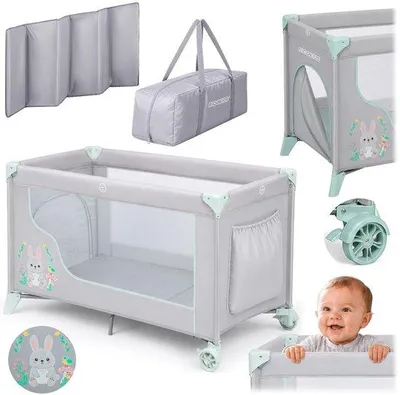 Obrázek produktu pro Přenosná dětská postýlka, rozměry 125 x 65 x 78 cm, světle šedá, mintová barva, skládací, s kolečky a brzdami, odnímatelný boční vstup, včetně matrace