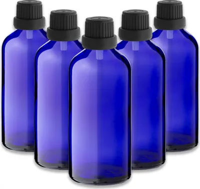 Produktbild von 5x Blaue Glasflasche 100 ml mit schwarzem Tropfer – Kosmetikflasche