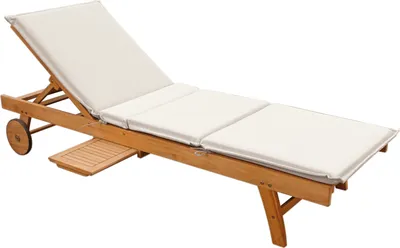 A wooden chaise lounge with a beige cushion, shown on a white background.