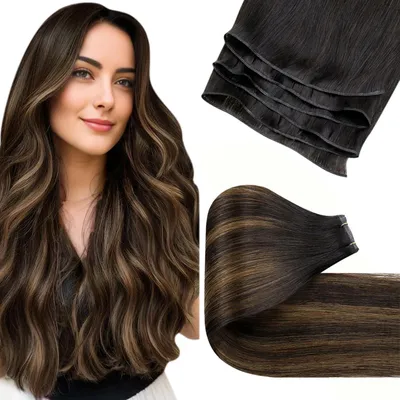 Obrázek produktu pro Příčesy z přírodních vlasů, barva hnědá, technika balayage/ombre, tmavě hnědá, světle hnědá, hmotnost 50g, délka 45cm