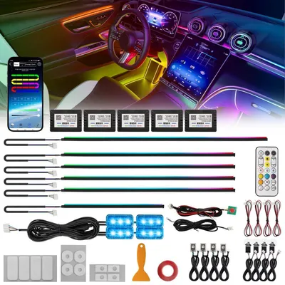 Zdjęcie produktu dla Zestaw oświetlenia wewnętrznego LED, 18 w 1, RGB, oświetlenie ambientowe do samochodu, 12V, akrylowe pasy światłowodowe, sterowanie za pomocą aplikacji