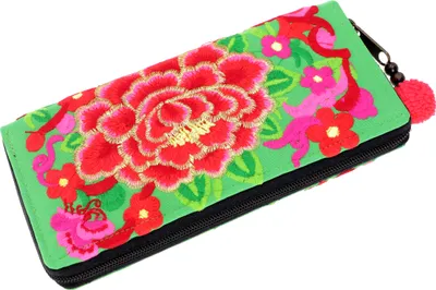 Produktbild von Besticktes Ethno Portemonnaie Chiang Mai - Grün, Uni - Erwachsene, Baumwolle, 10*20*3 cm, Portemonnaies