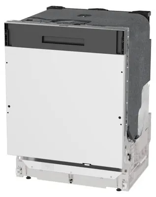A partially installed dishwasher, showing its front panel and internal insulation.