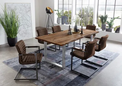 Produktbild von Essgruppe 140 cm Akazie naturfarben u-Gestell silber mit 6 Stühlen wildleder NOAH