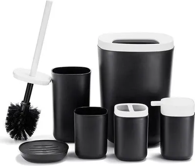 Produktbild von Famanu Toilettenzubehörset 6-teilig mit Toilettenbürste, Zahnbürstenbecher, Müllbehälter, Zahnbürstenhalter, Seifenspender und Seifenschale - Schwarz