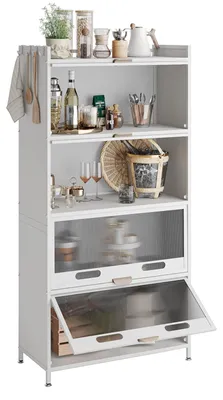 Küchenregal 5 Etagen, 70x32x145 cm, Weiß, mit Rollen und Türen