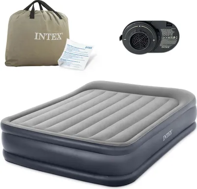 An Intex air mattress set, including the mattress, a storage bag, a pump, and instructions, displayed on a white background.