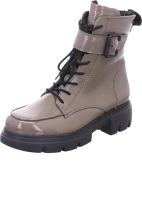 A single brown lace-up boot with a black sole and buckle detail is shown against a white background.