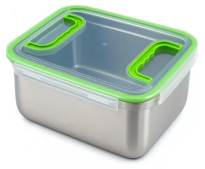 A stainless steel food storage container with a clear lid and green handles, shown from a diagonal angle on a white background.