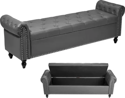 Image de Banquette en cuirPolyuréthaneOttomane (460 x 1660 x 560 mm) avec pieds en bois & espace de rangement - fixation par boutons & accoudoirs roulés, banquette pour chaussures - banquette de lit Banc de chambre gris, capacité de charge 300 kg