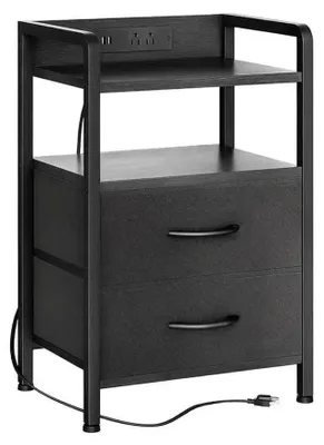 Image de Table de chevet / Petite table d'appoint - 2 tiroirs en tissu et étagère ouverte - Structure en métal - Plateau en MDF - Pour chambre à coucher ou salon - Noir